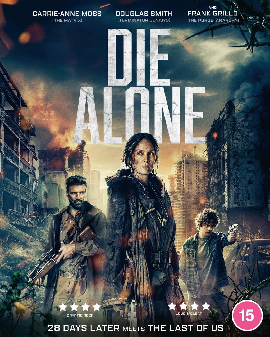 Die Alone" Blu-ray cover featuring Carrie-Anne Moss in a post-apocalyptic scene.