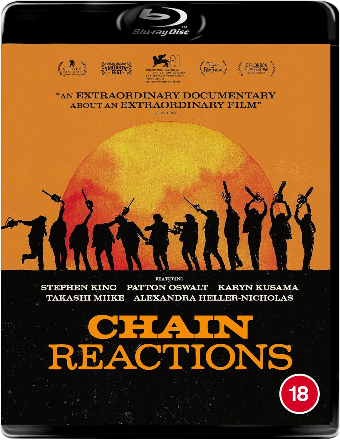 Blu-ray cover for "Chain Reactions" documentary, featuring a red sunburst design.