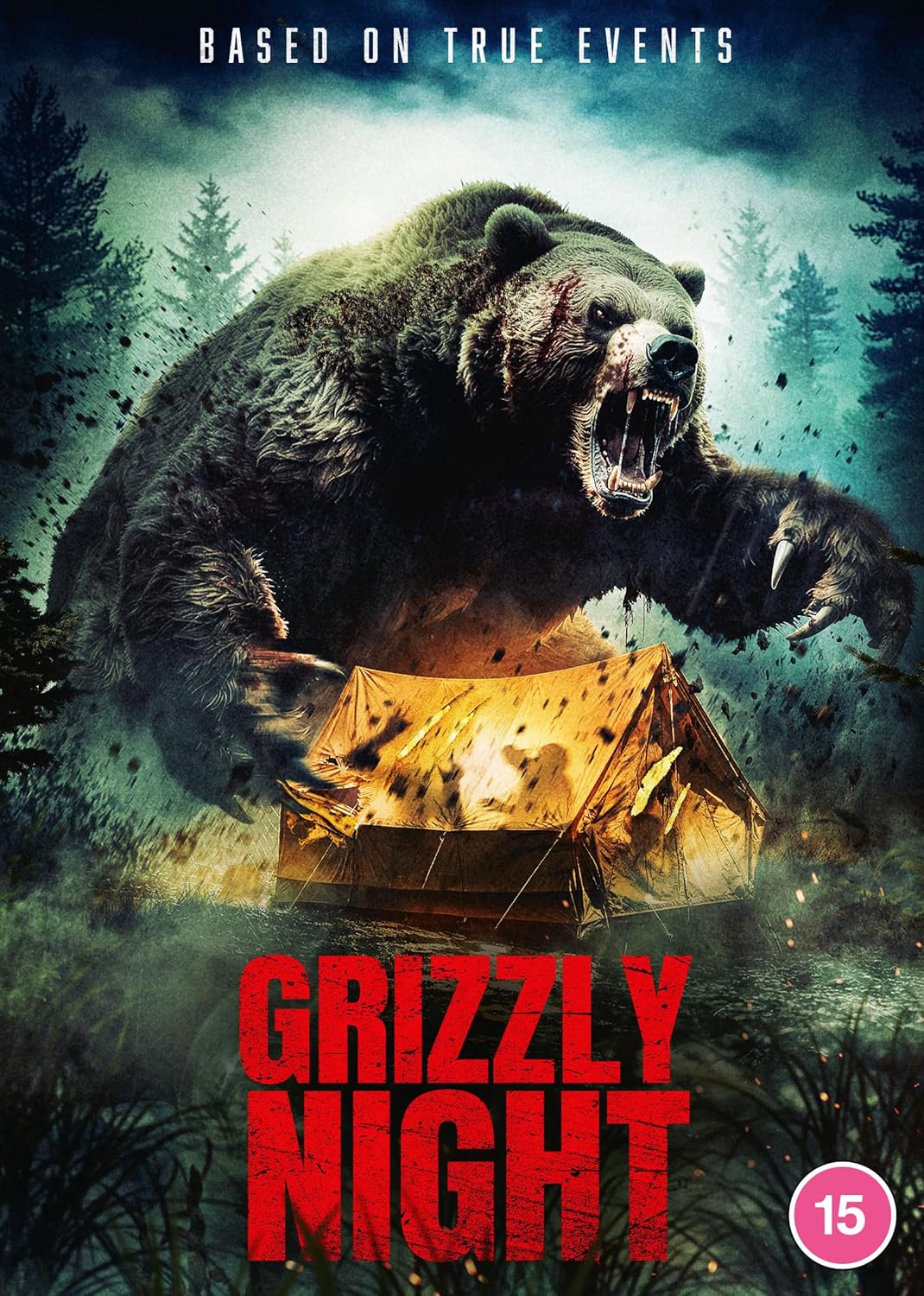 A large, aggressive grizzly bear looms over a tent in a dark, forested setting.