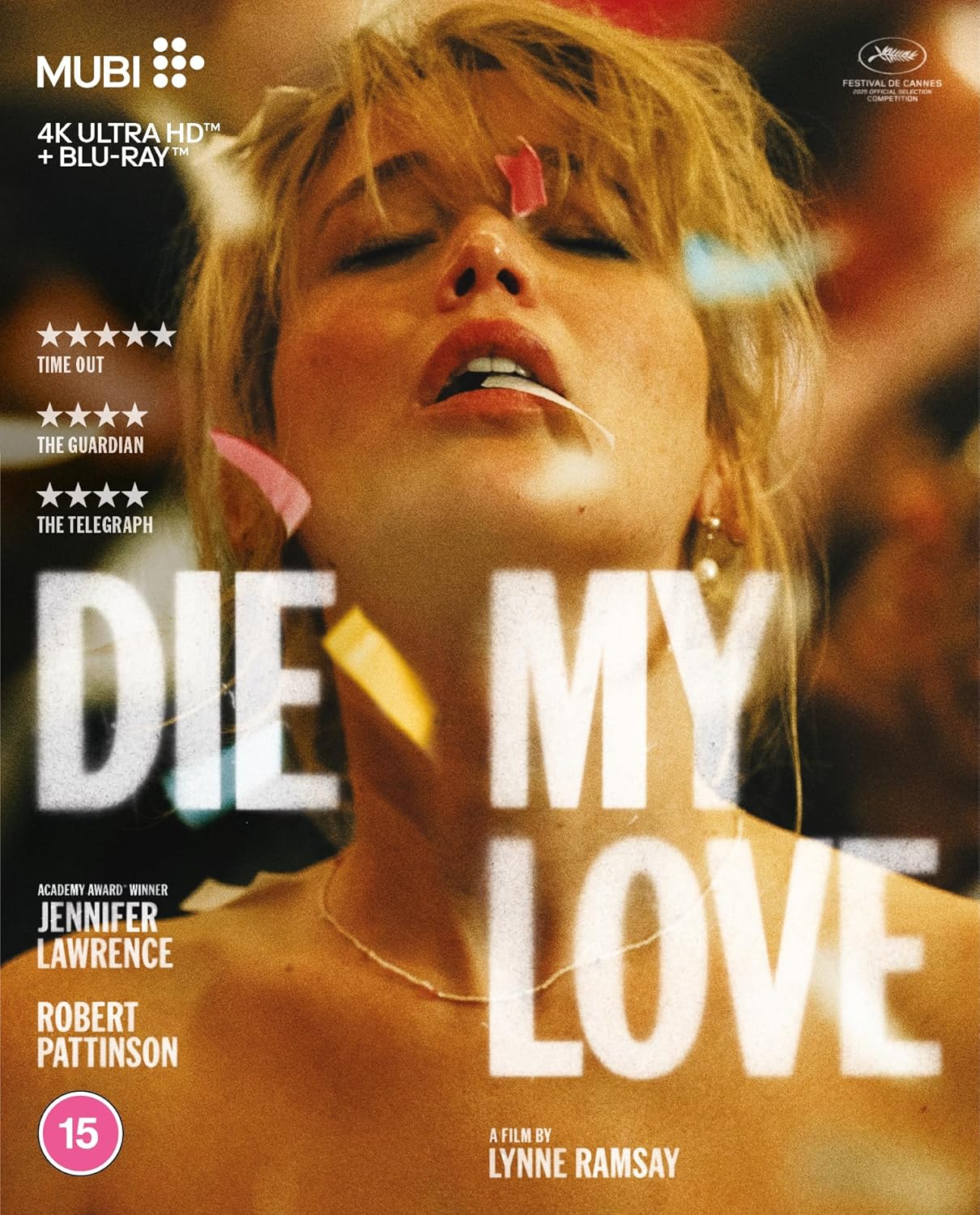Blu-ray cover for “Die My Love” featuring Jennifer Lawrence with smeared makeup.