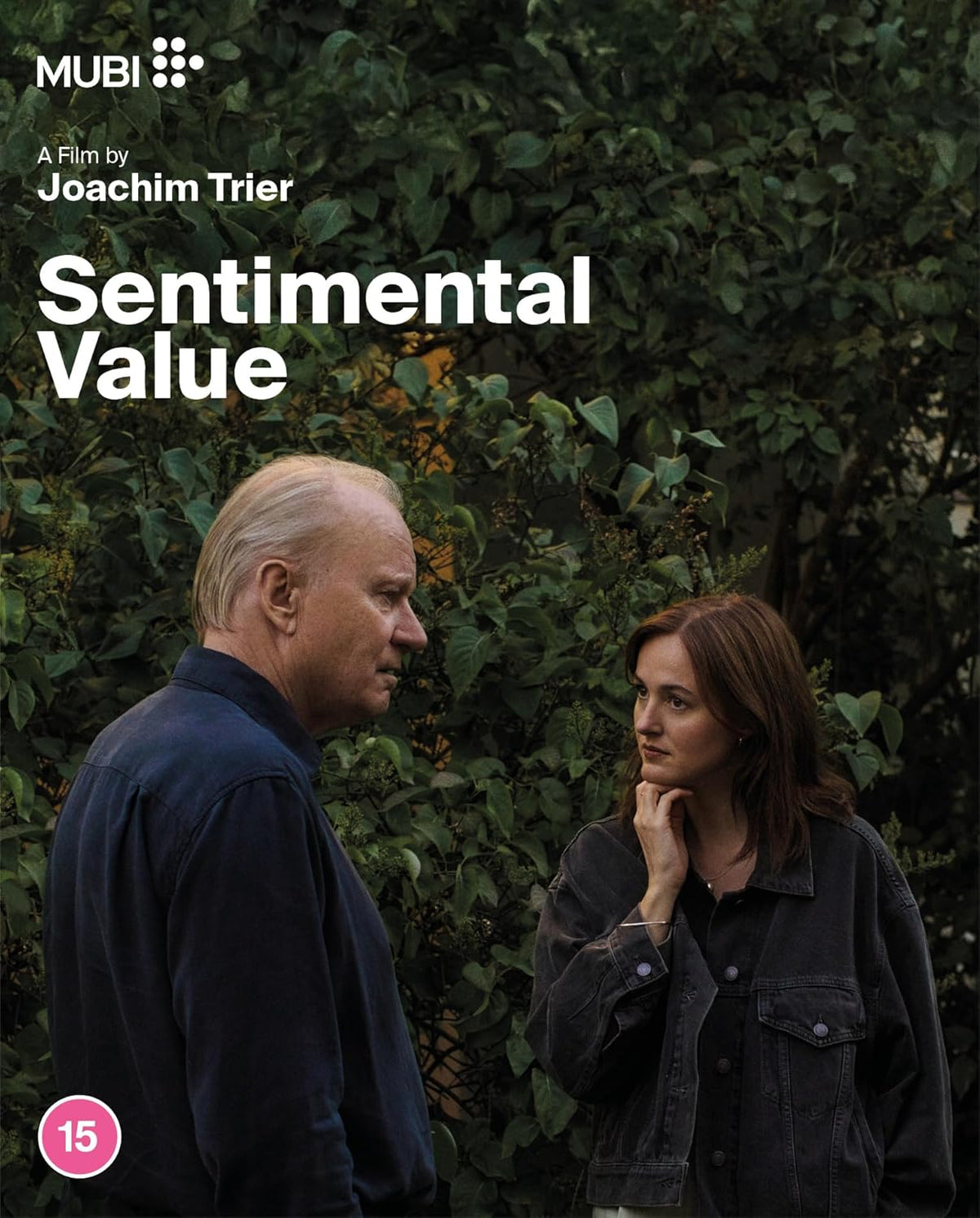 Blu-ray cover for “Sentimental Value” featuring a man and woman in front of greenery.