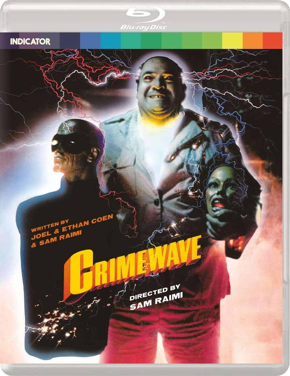 Crimewave Blu-ray cover featuring a man waving amidst stylized lightning effects.