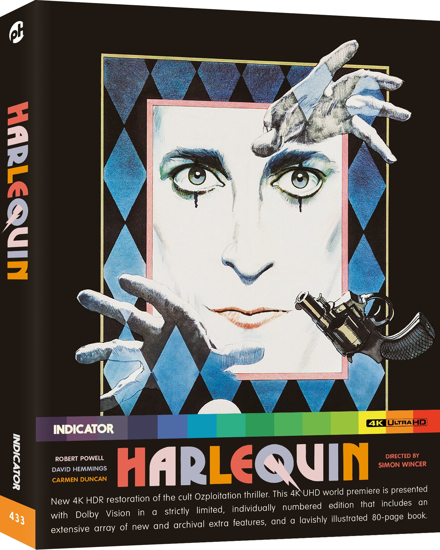 Blu-ray cover for “Harlequin” featuring a distorted face in a diamond frame.