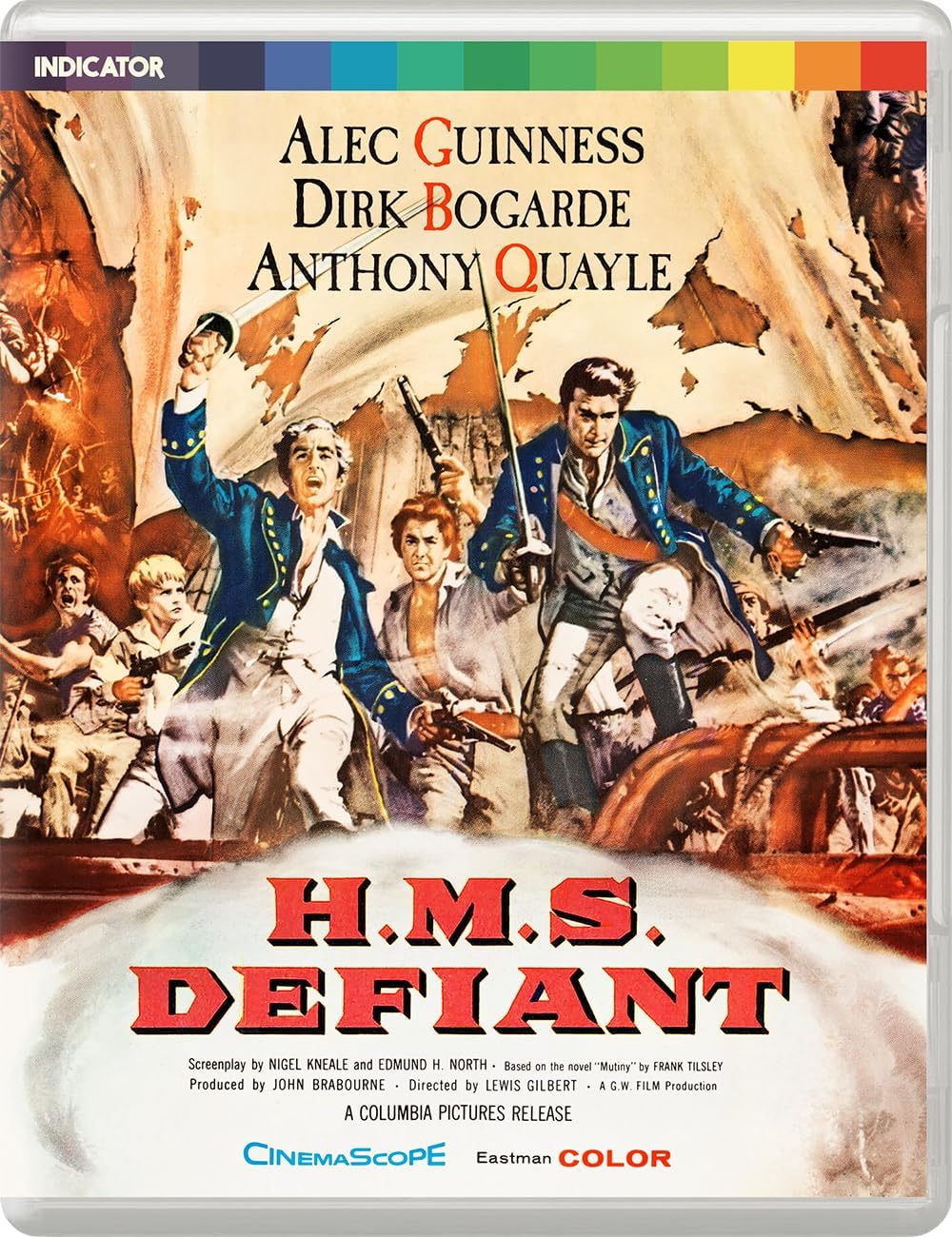 1957 film poster for "H.M.S. Defiant" featuring actors Alec Guinness, Dirk Bogarde, and Anthony Quayle.