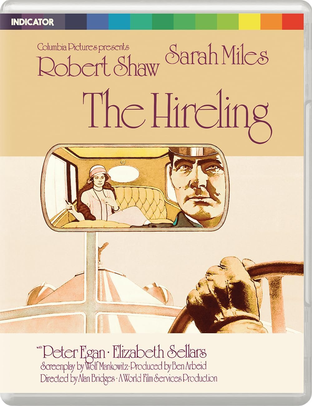 Blu-ray cover for "The Hireling" featuring illustrated figures in a train compartment.