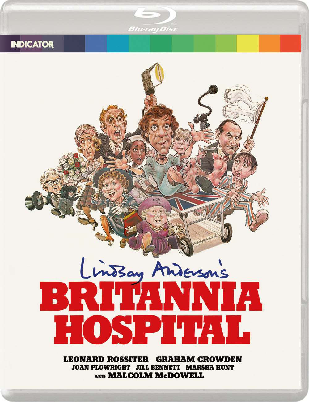 Britannia Hospital" Blu-ray cover featuring a cartoonish group of hospital staff.