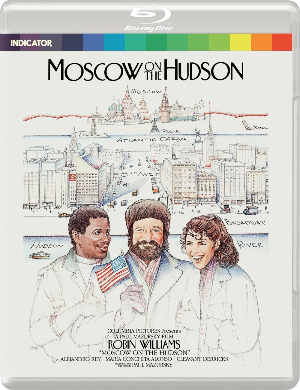Moscow on the Hudson" Blu-ray cover with illustrated cityscape and actors.