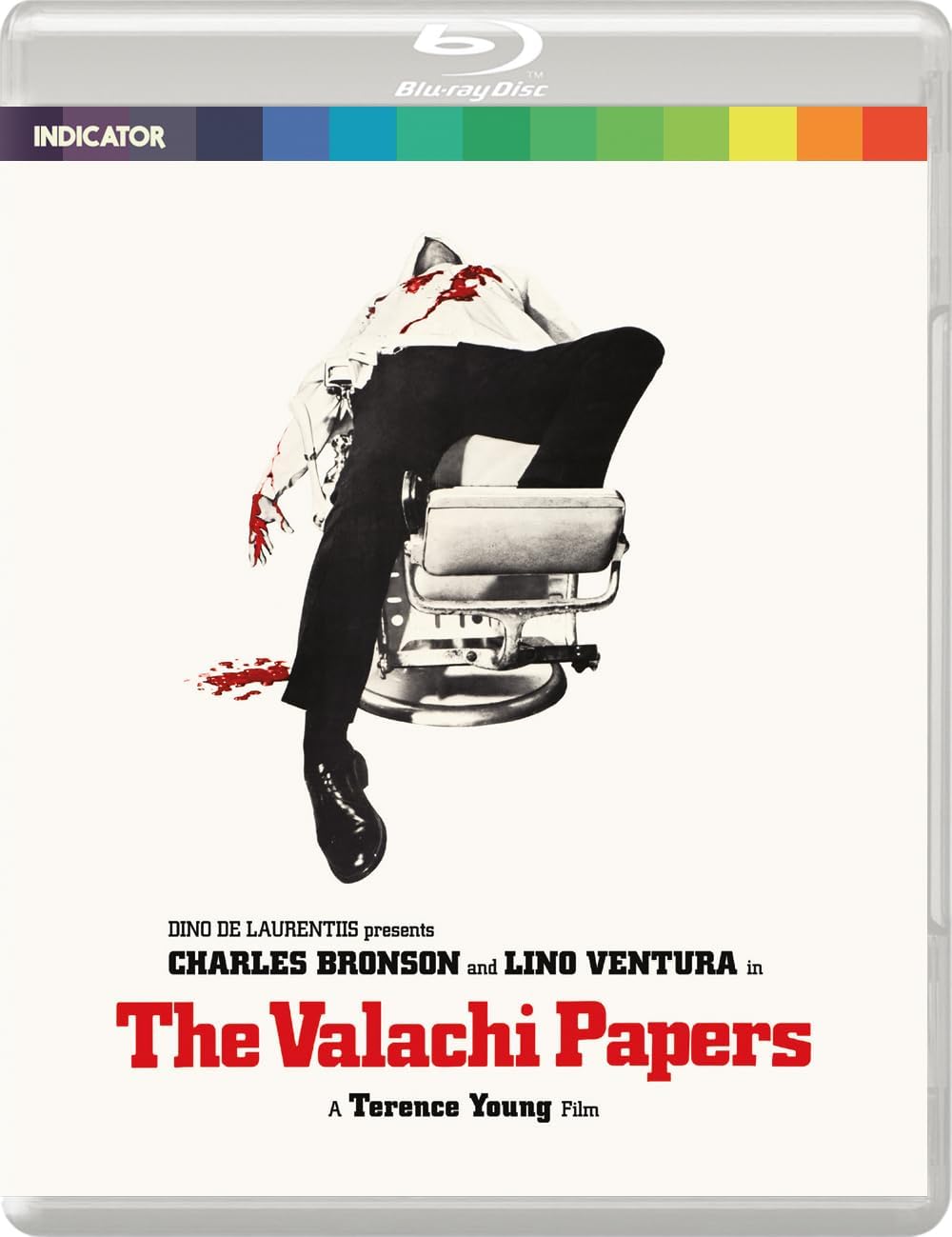 Blu-ray cover for "The Valachi Papers" featuring a man in a suit and blood splatters.