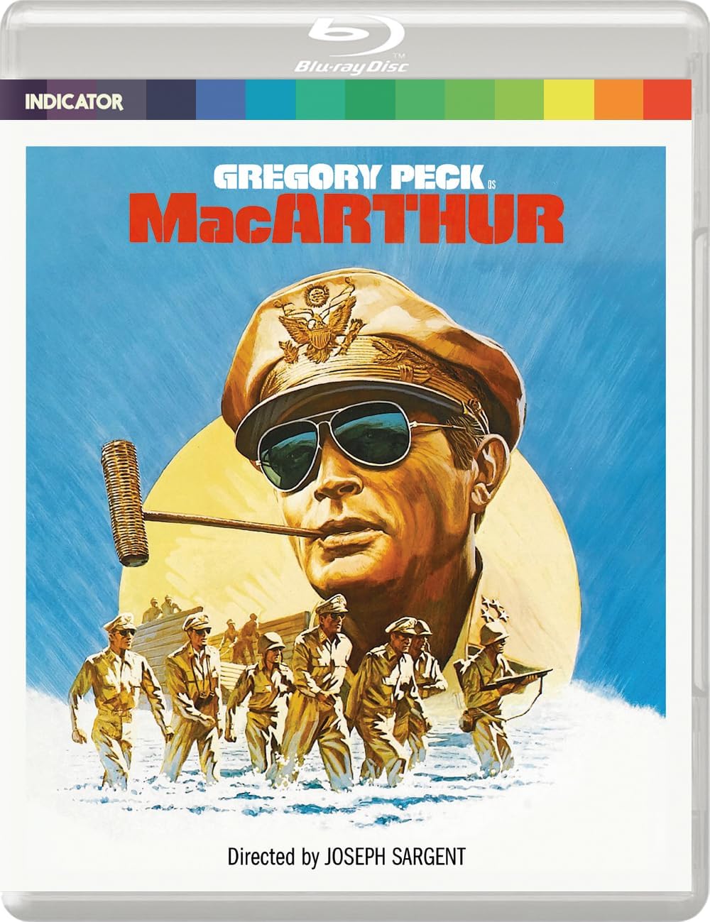 “MacArthur” Blu-ray cover featuring Gregory Peck as a general, soldiers below.