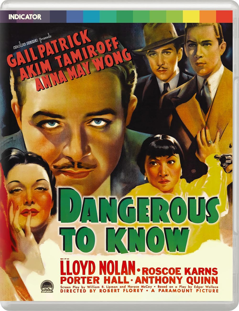 Blu-ray cover for “Dangerous to Know” featuring film stars and a gun.