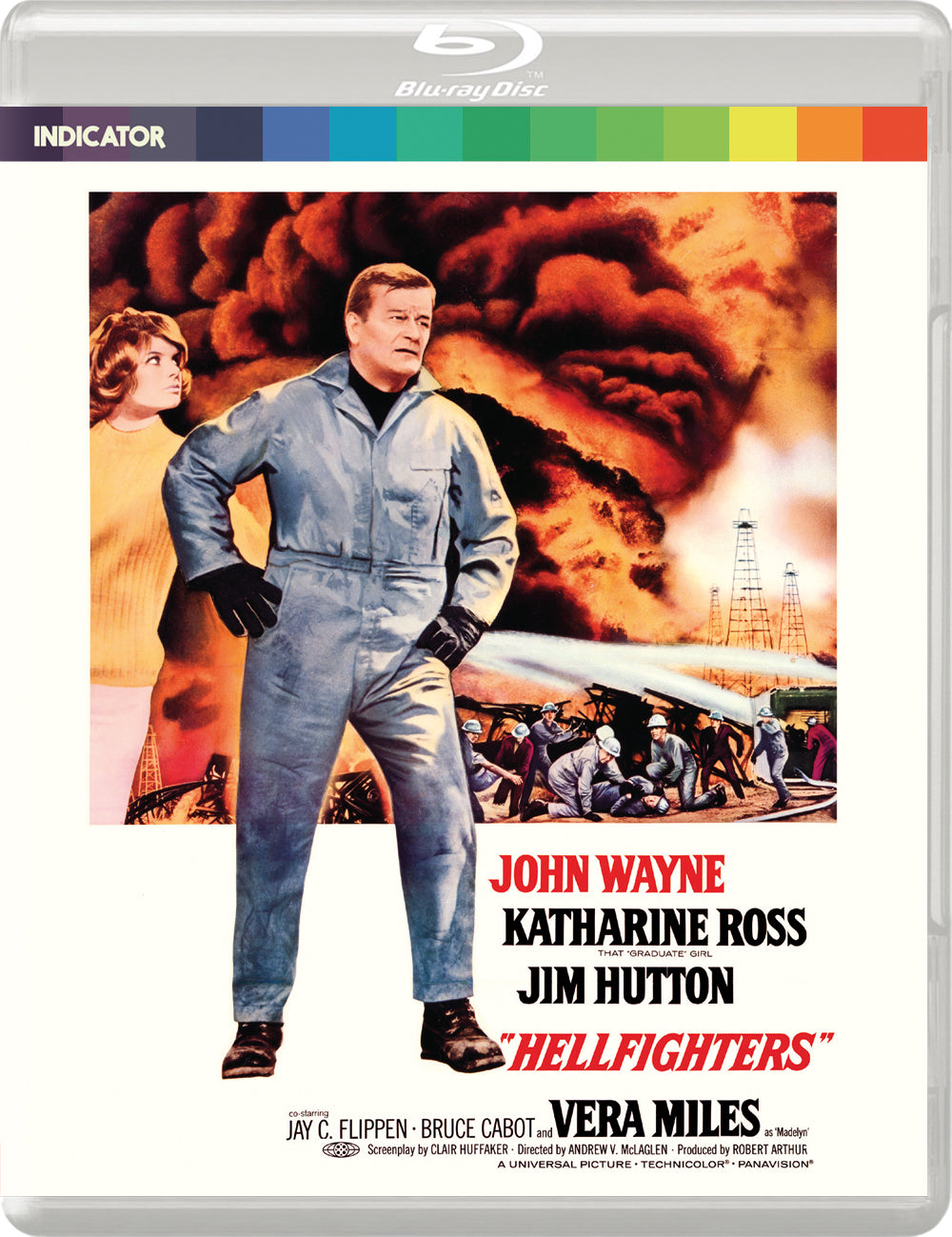 “Hellfighters” Blu-ray cover with John Wayne and Katharine Ross in firefighting gear.