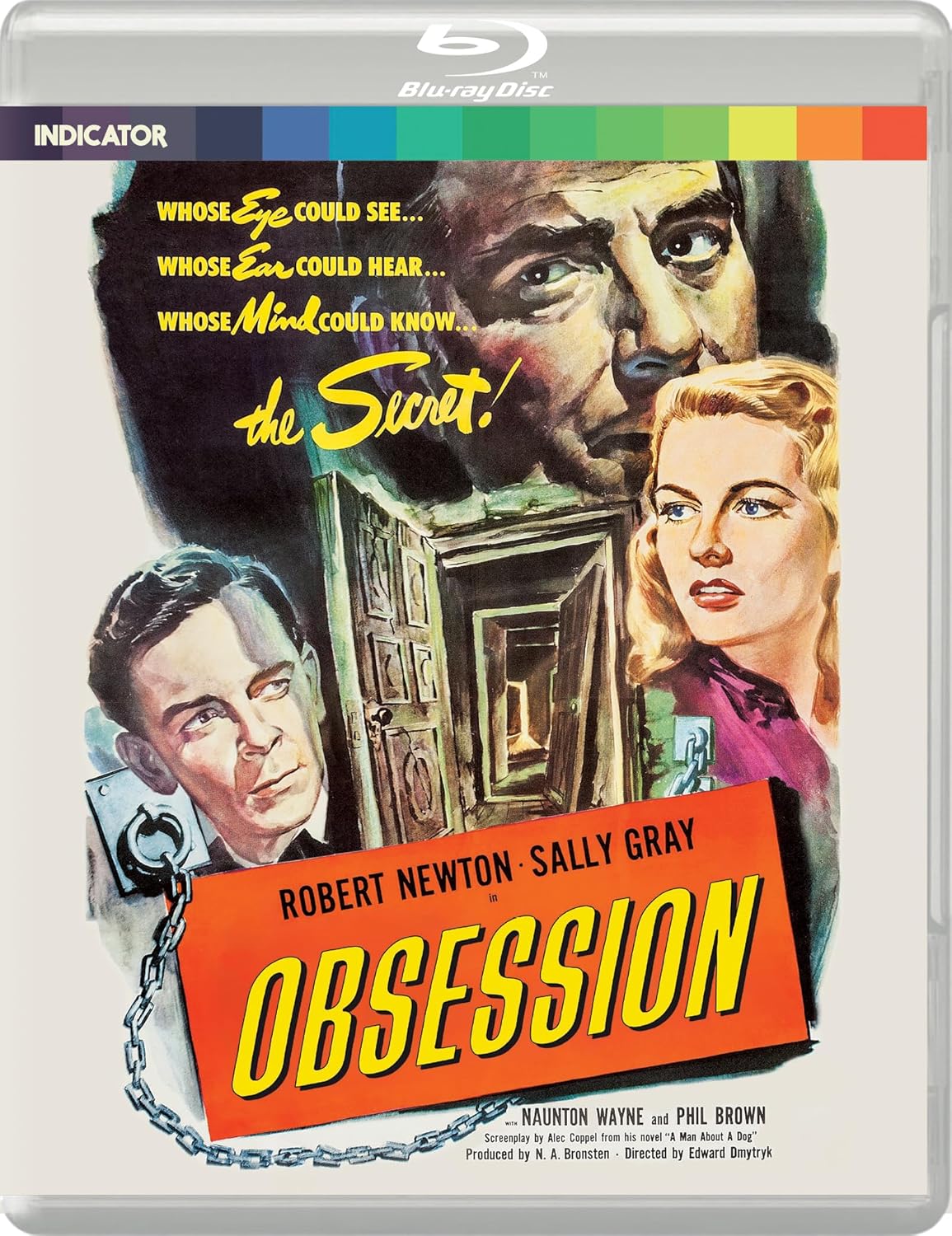 Blu-ray cover for Obsession featuring three faces and a door slightly ajar.