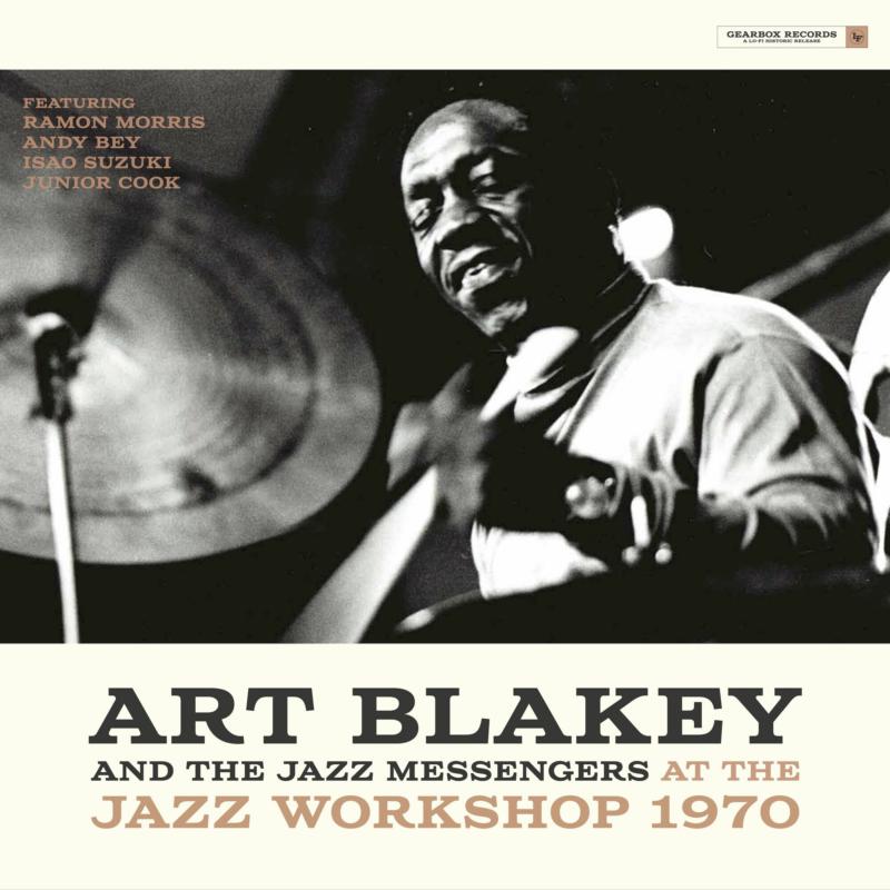 Black and white portrait of Art Blakey with album title text overlay.