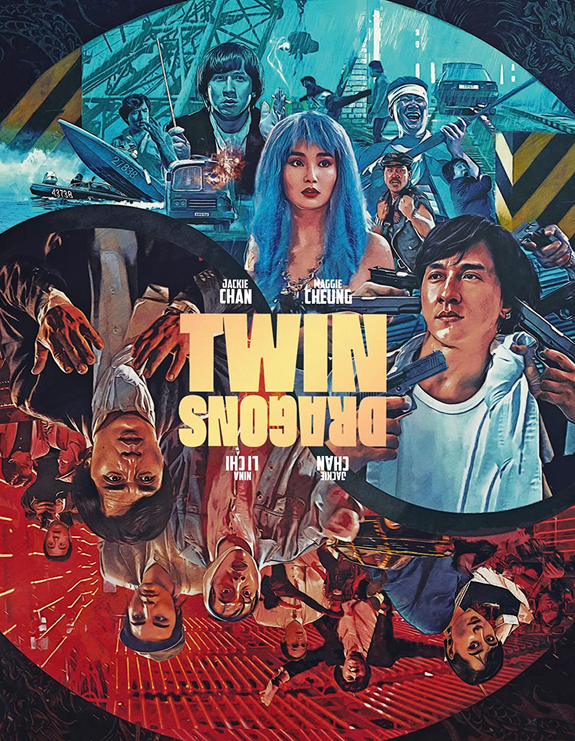 Movie poster for "Twin Dragons" featuring Jackie Chan and Maggie Cheung.