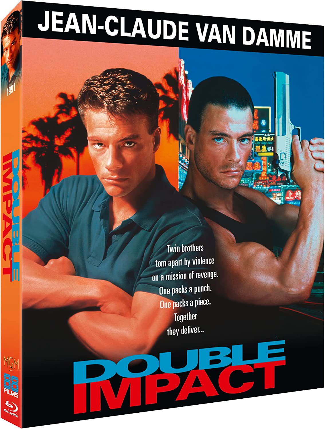 “Double Impact” Blu-ray cover featuring Jean-Claude Van Damme as twin brothers.