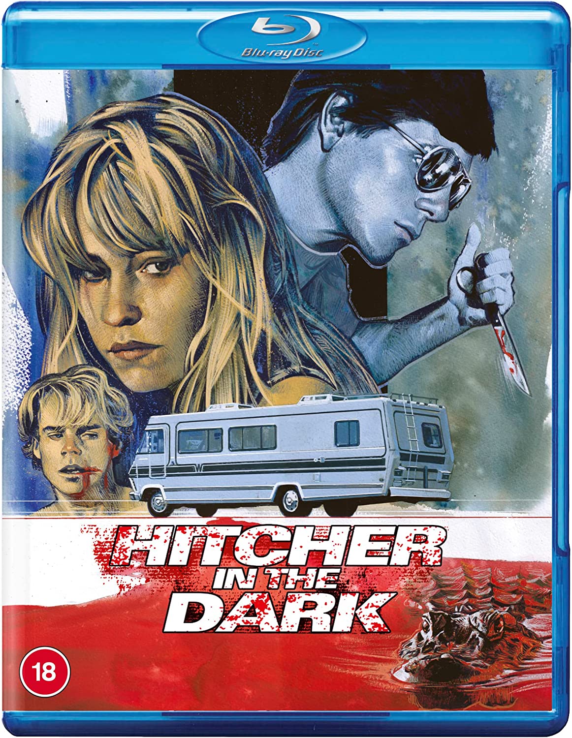 Blu-ray cover for "Hitcher in the Dark" featuring a man, woman, and RV.