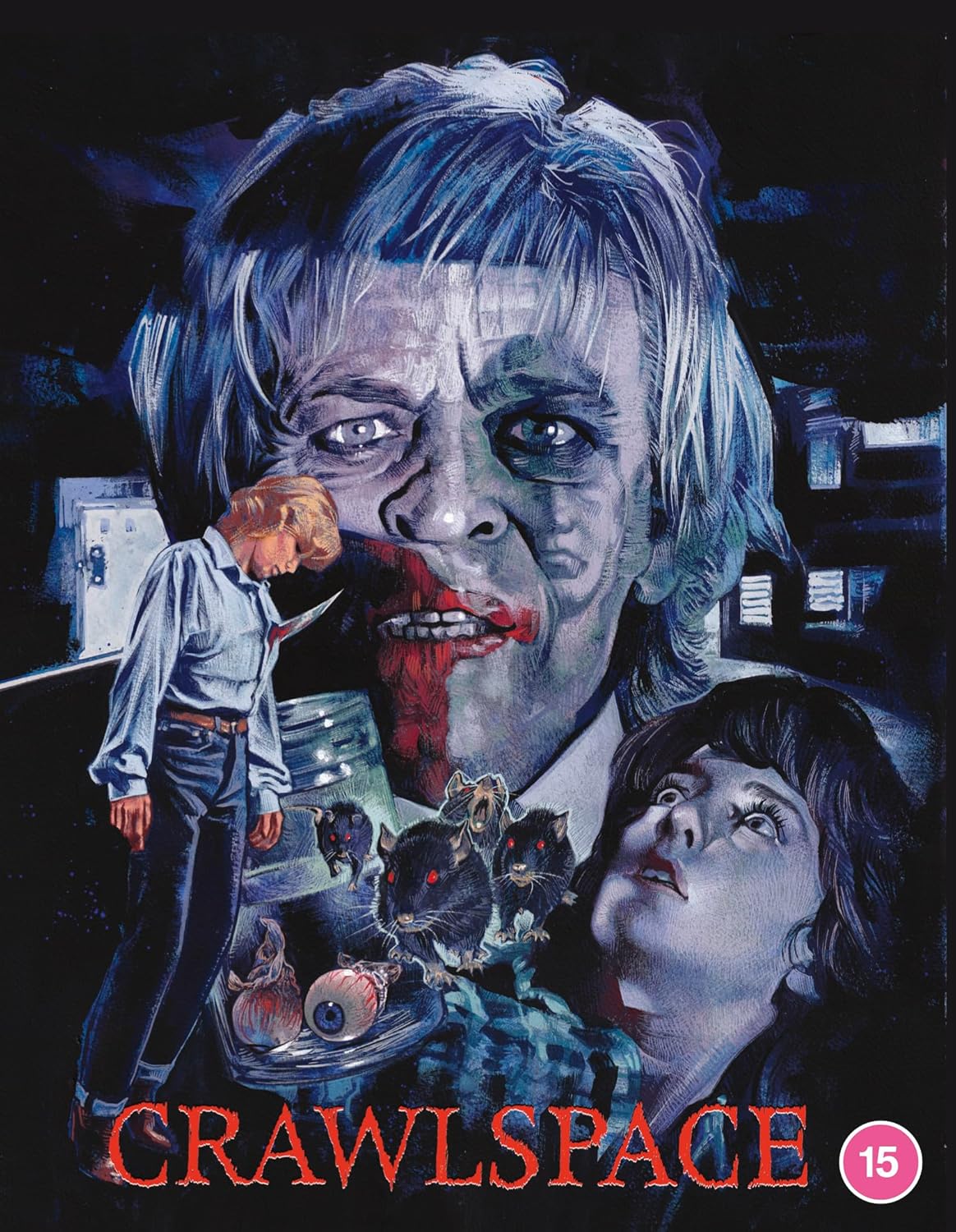 Crawlspace" Blu-ray cover featuring a distorted face, rats, and a young girl.