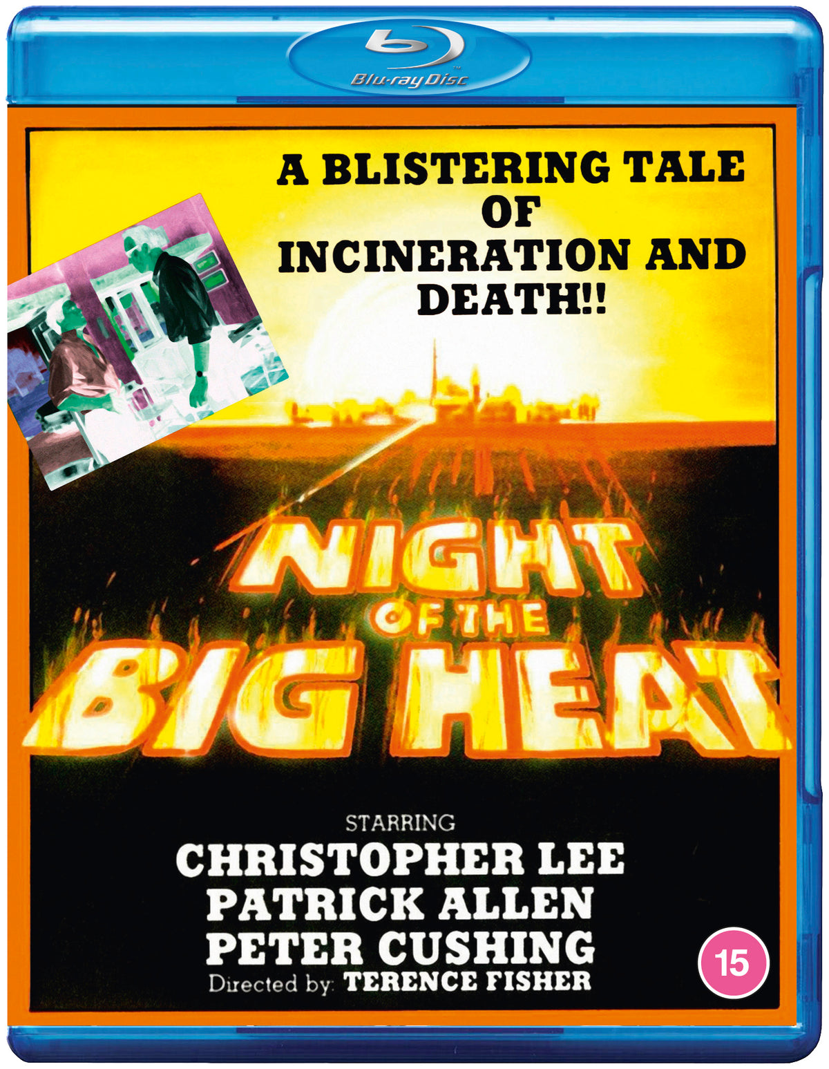 Blu-ray cover for "Night Of The Big Heat" film, featuring actors and flames.