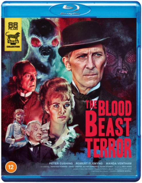 Blu-ray cover for “The Blood Beast Terror” featuring actors and a monster.