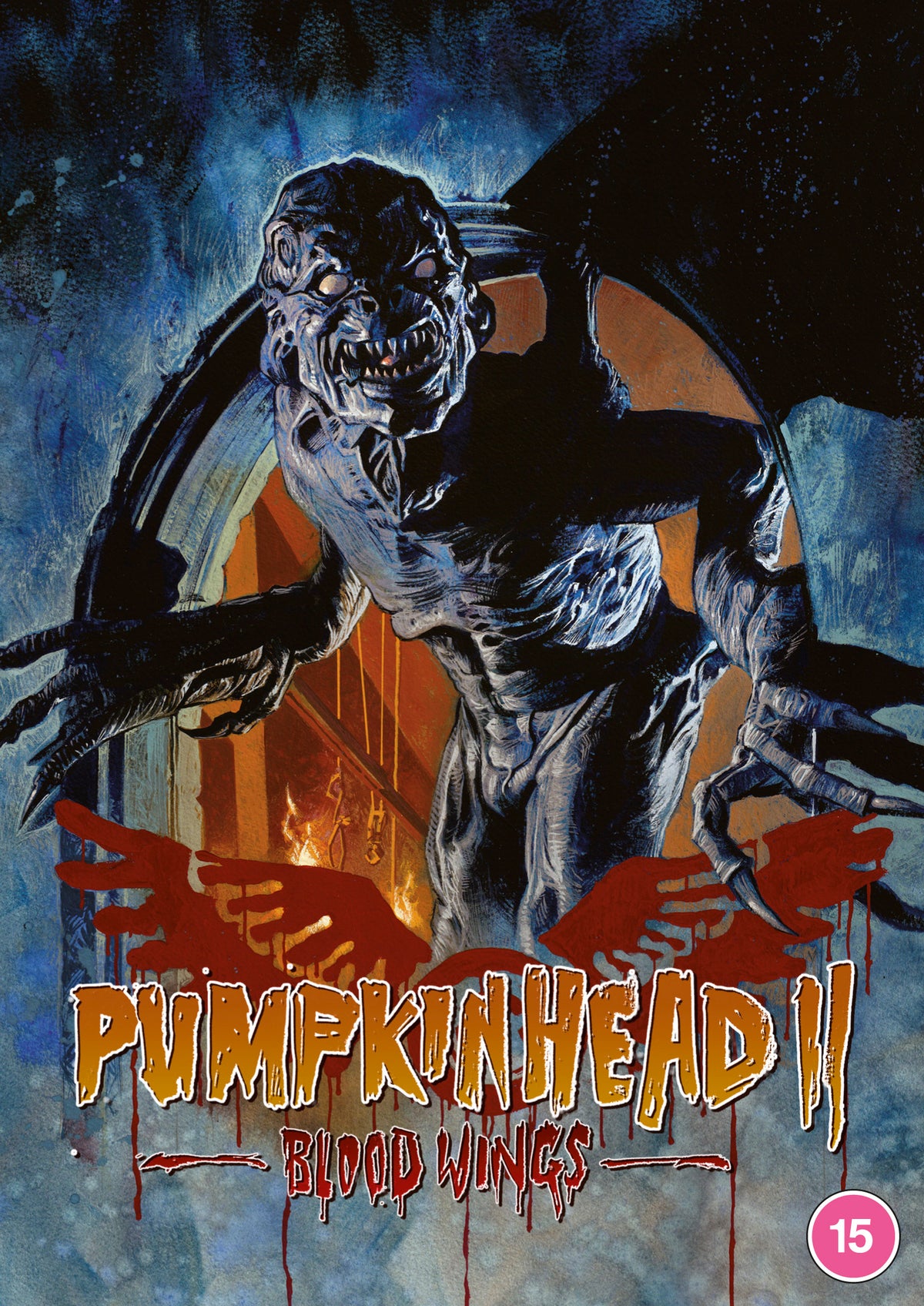 Horror movie cover featuring a monstrous, winged creature with a pumpkin head.