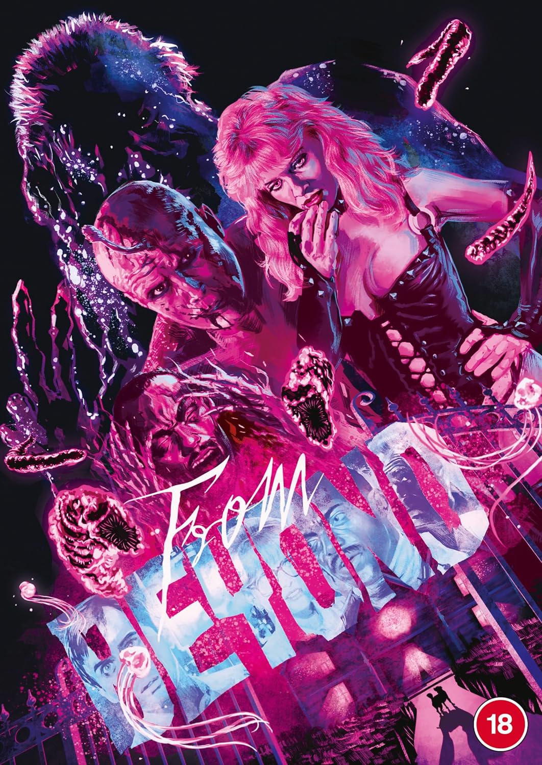 Horror movie poster with pink and blue lighting, featuring monstrous figures and a woman.