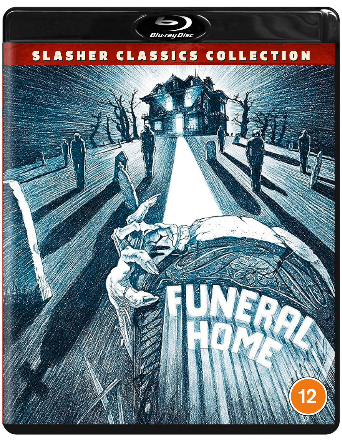 Blu-ray cover for "Funeral Home" featuring a haunted house and reaching hand.