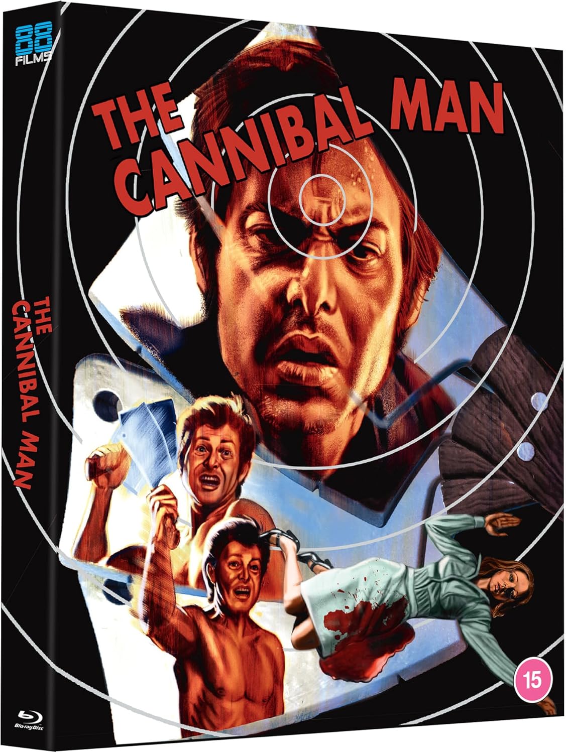 Blu-ray cover for "The Cannibal Man" featuring a menacing man and victims.