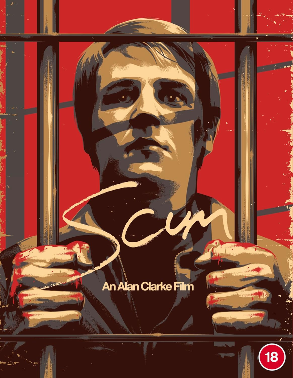 Scum" Blu-ray cover: man’s face behind bars, hands with red paint.