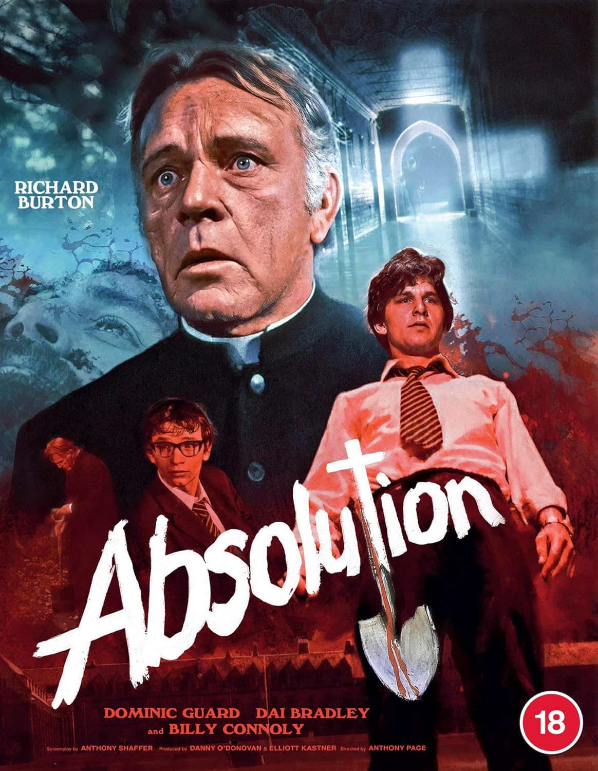Movie poster for "Absolution" featuring Richard Burton and a priest with a cross.