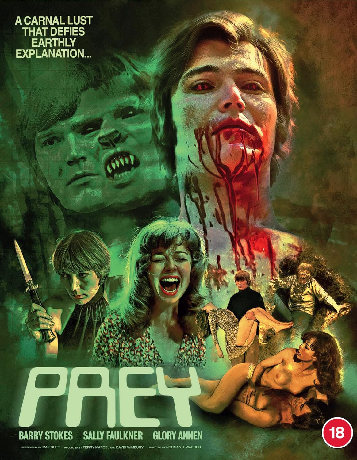 Horror movie poster for "Prey" featuring distressed people and blood.