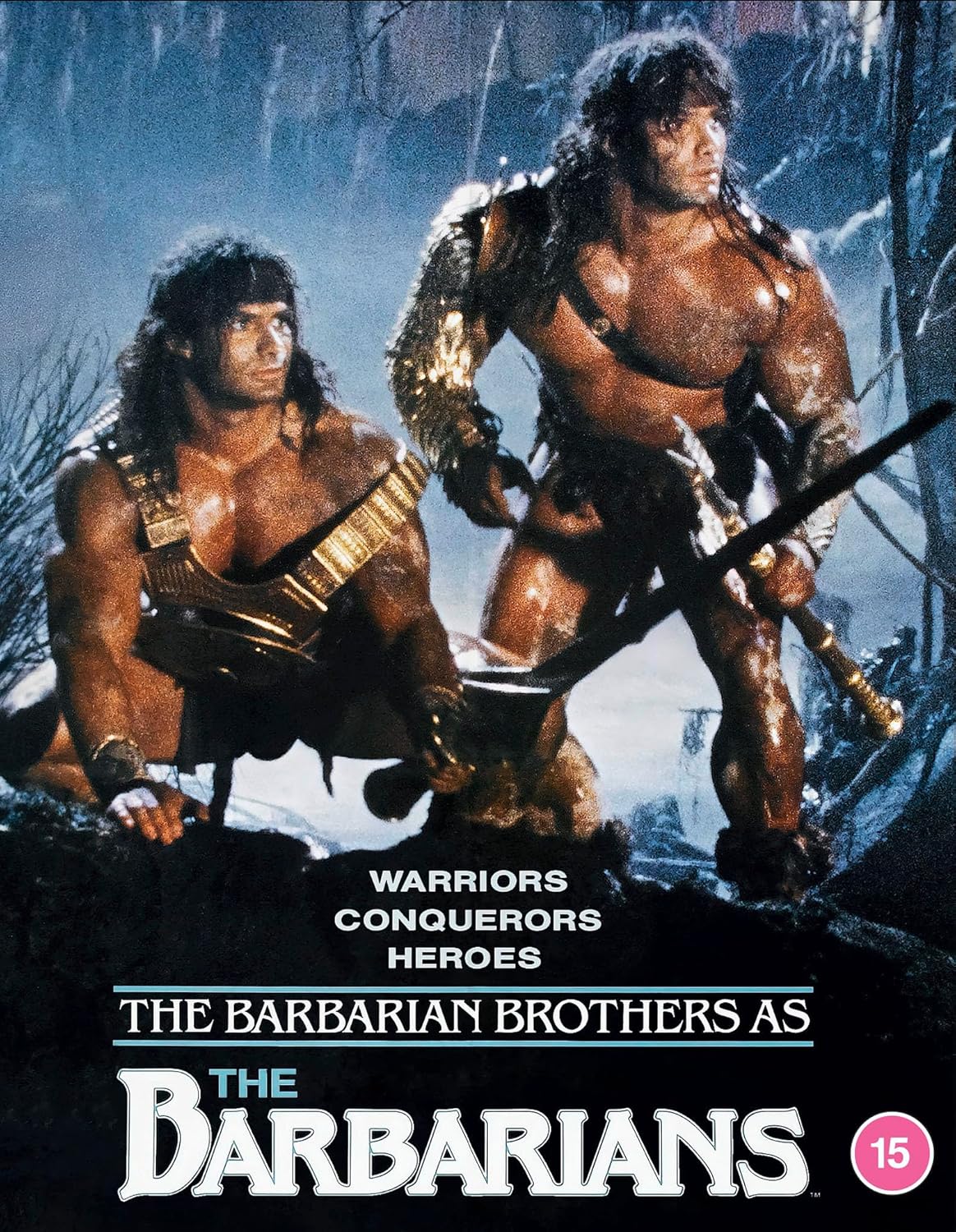 Two muscular warriors with long hair stand in a dark, misty forest setting.