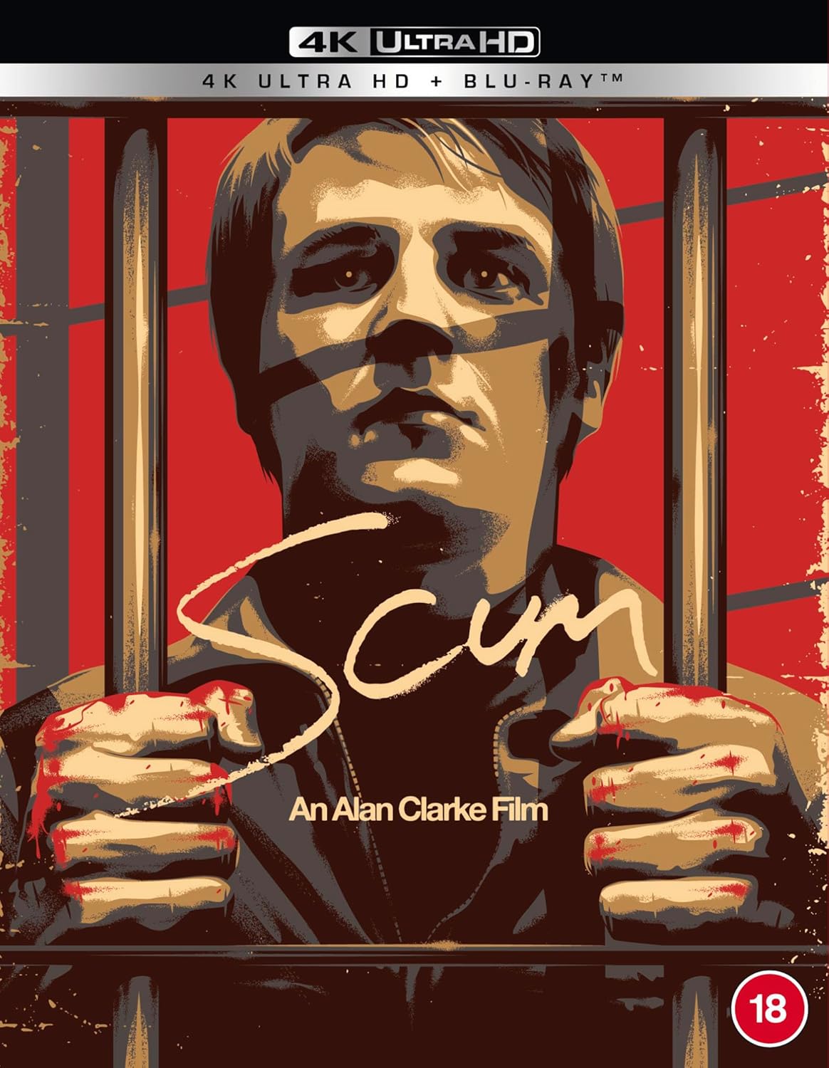 “Scum” 4K UHD Blu-ray cover featuring a distressed portrait of a man.