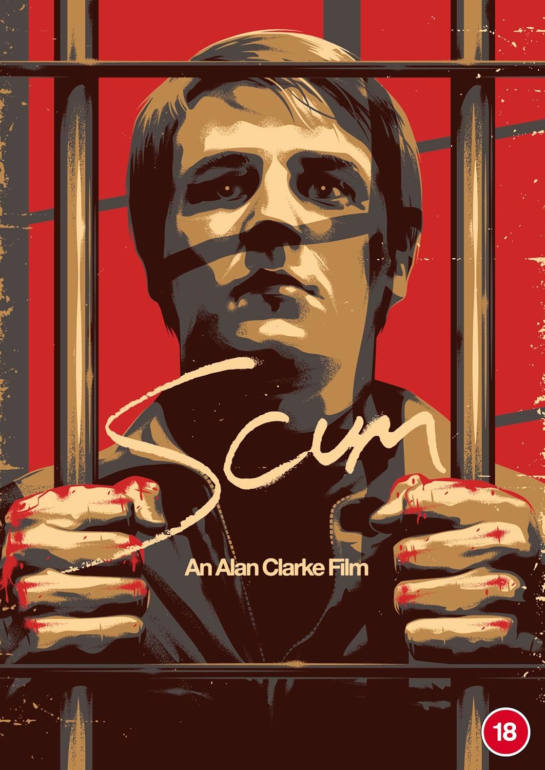 Scum" DVD cover: man's face behind bars, bloodied hands gripping metal.