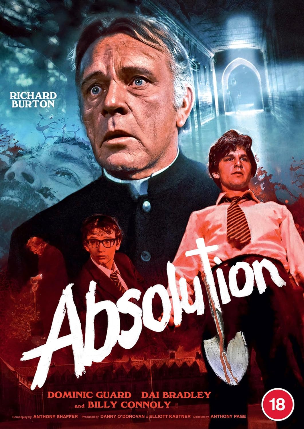 “Absolution” DVD cover featuring Richard Burton as a priest, with other figures.