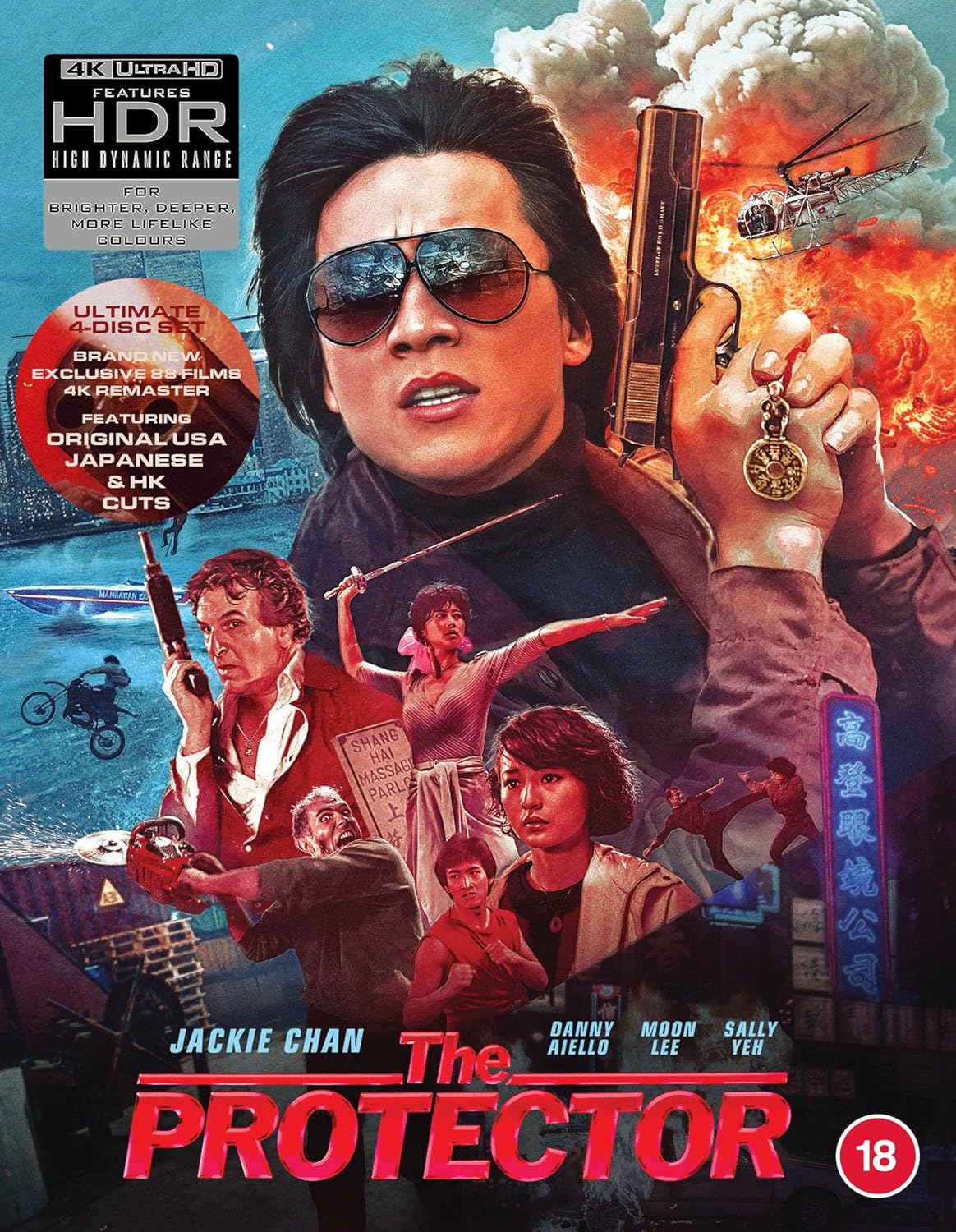 Movie poster for The Protector featuring Jackie Chan, action scenes, and an explosion background.