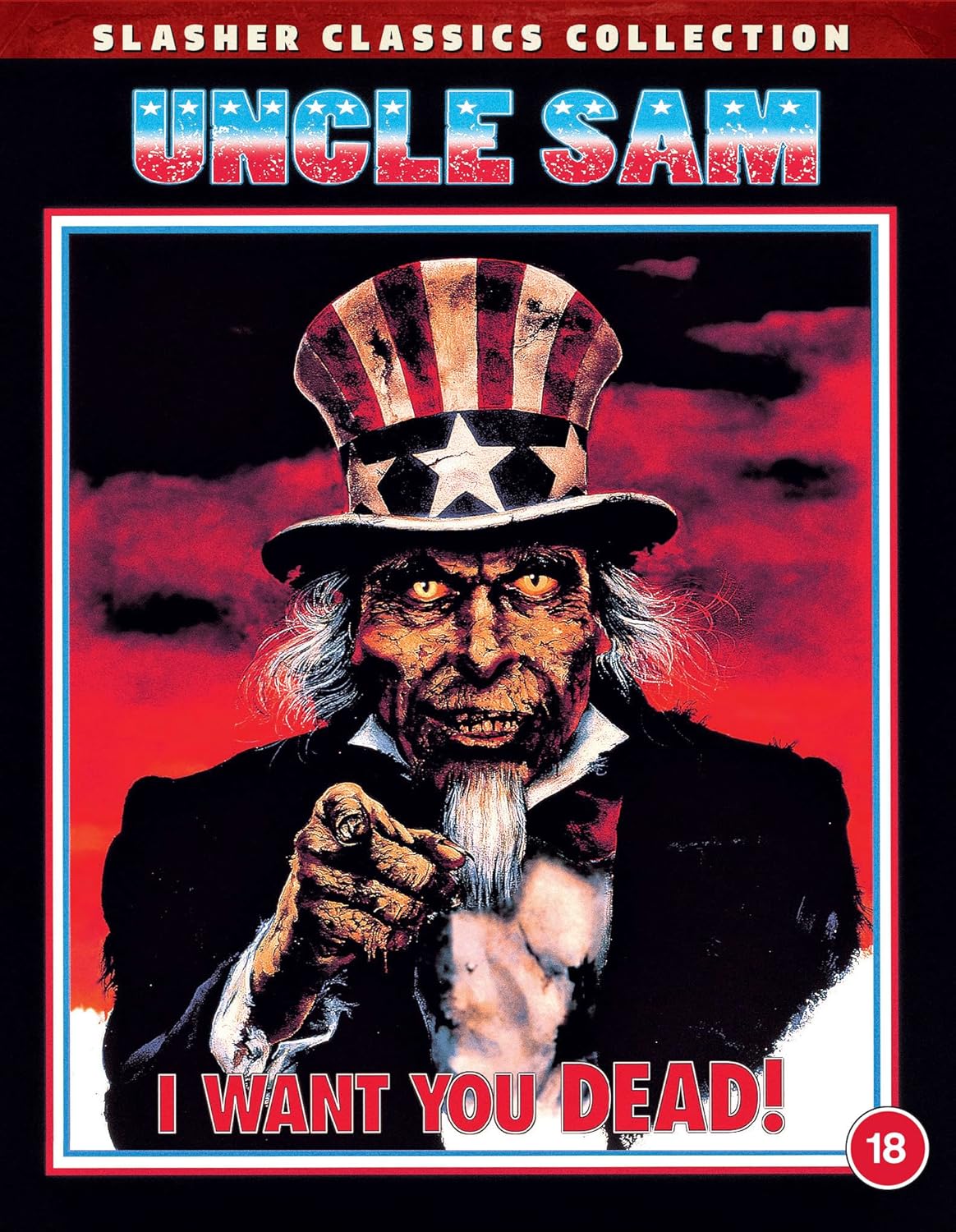 Blu-ray cover for horror film "Uncle Sam" featuring a menacing Uncle Sam.