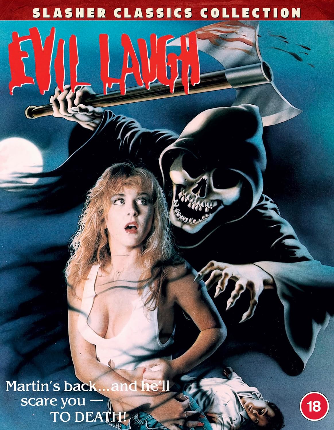 Blu-ray cover for horror film "Evil Laugh" featuring a hooded figure and woman.