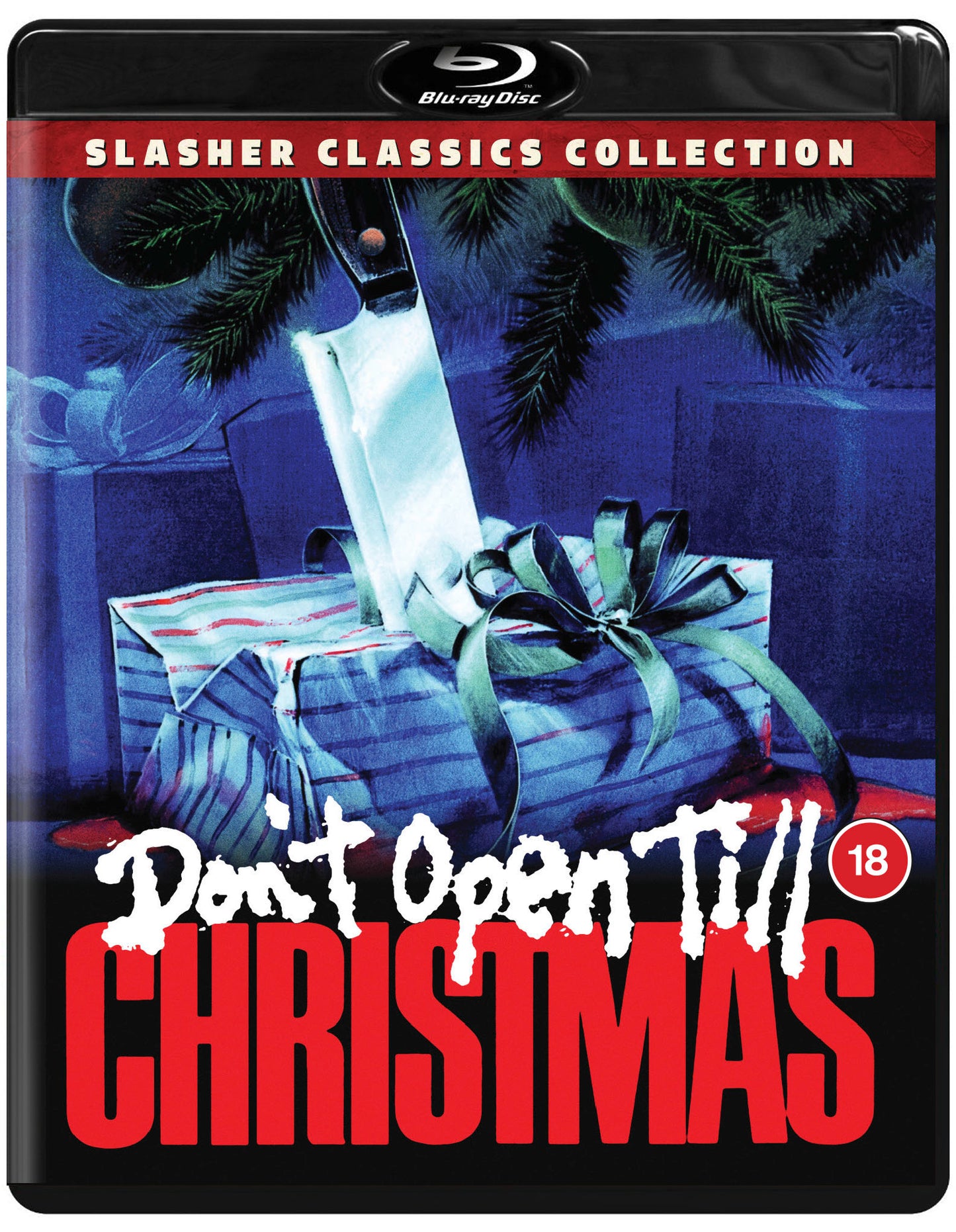 Blu-ray cover for "Don't Open Till Christmas" featuring a knife and gift.