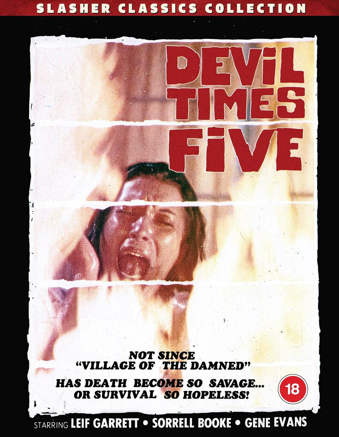 Blu-ray cover for horror film "Devil Times Five" with a menacing face.