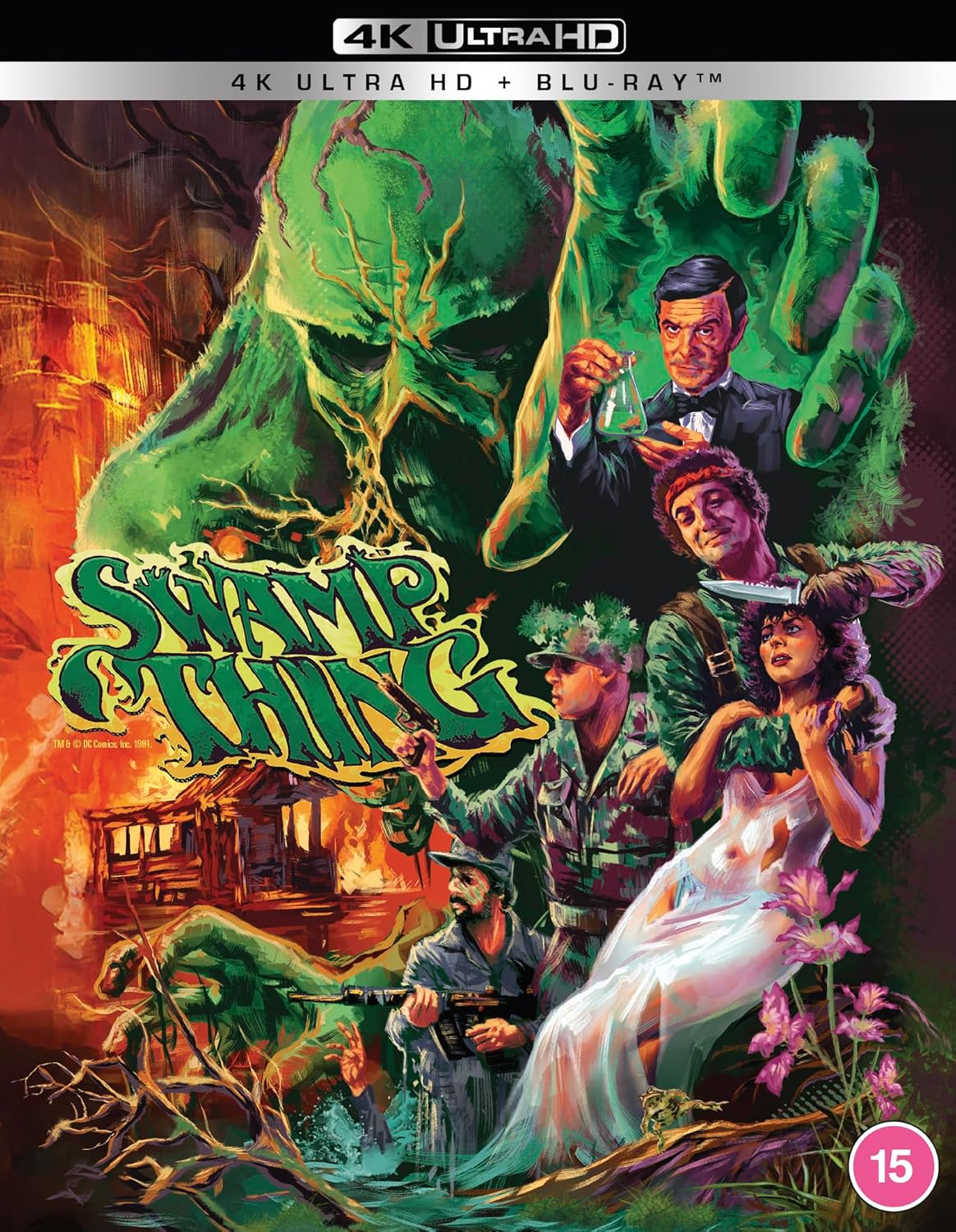 “Swamp Thing” movie poster featuring the creature and several characters.