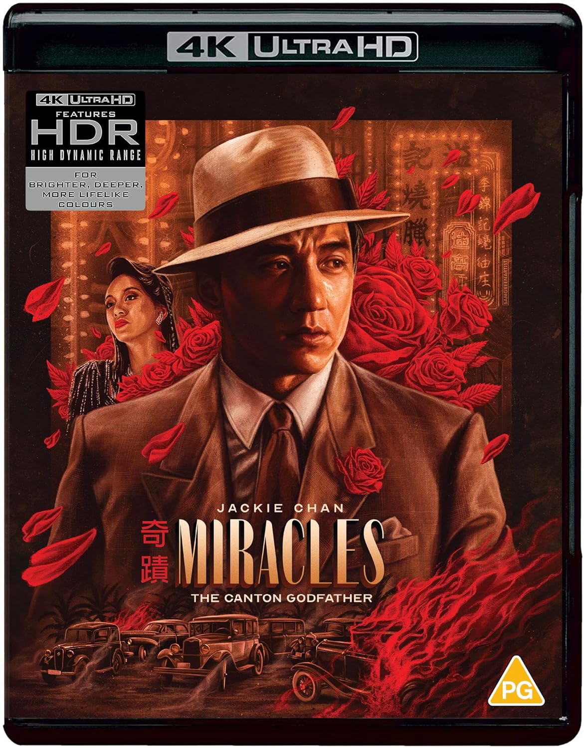 Blu-ray cover for "Miracles" featuring Jackie Chan in a fedora, surrounded by roses.