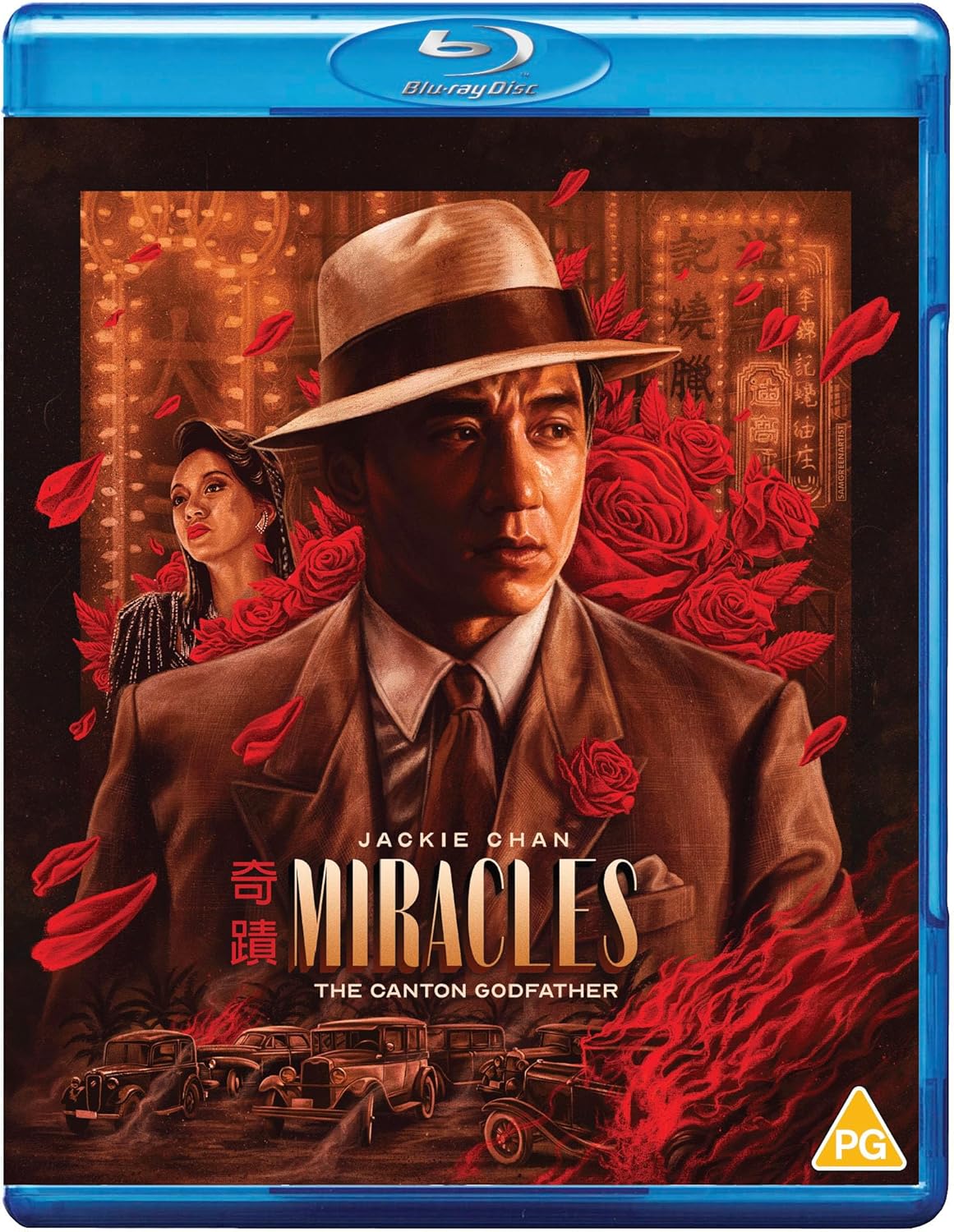 Miracles" Blu-ray cover featuring Jackie Chan in a suit, surrounded by red roses.