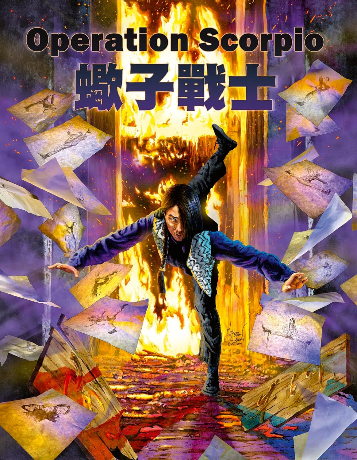 “Operation Scorpio” Blu-ray cover featuring a martial artist amidst flames and papers.