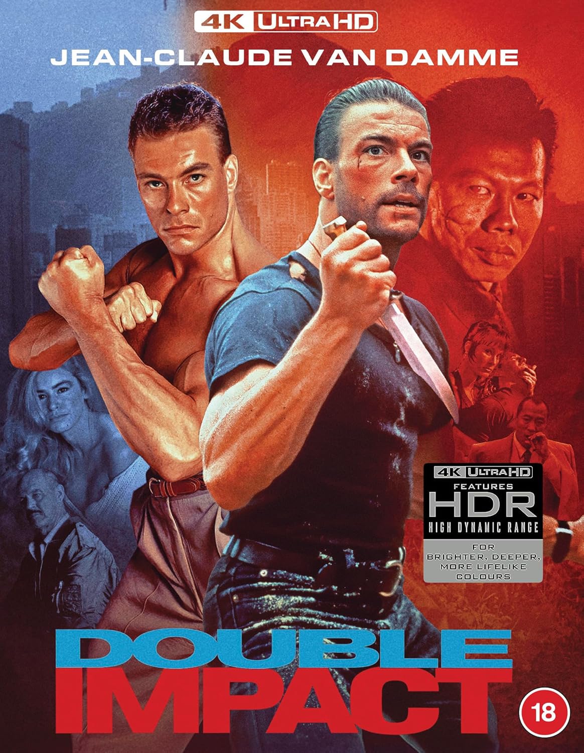 “Double Impact” 4K Blu-ray cover featuring Jean-Claude Van Damme in two roles.