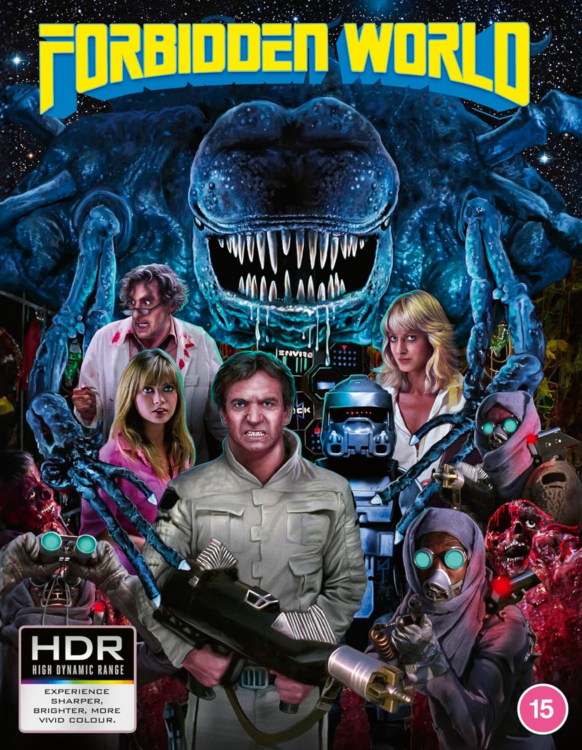 Forbidden World" Blu-ray cover featuring a monster, robots, and people.