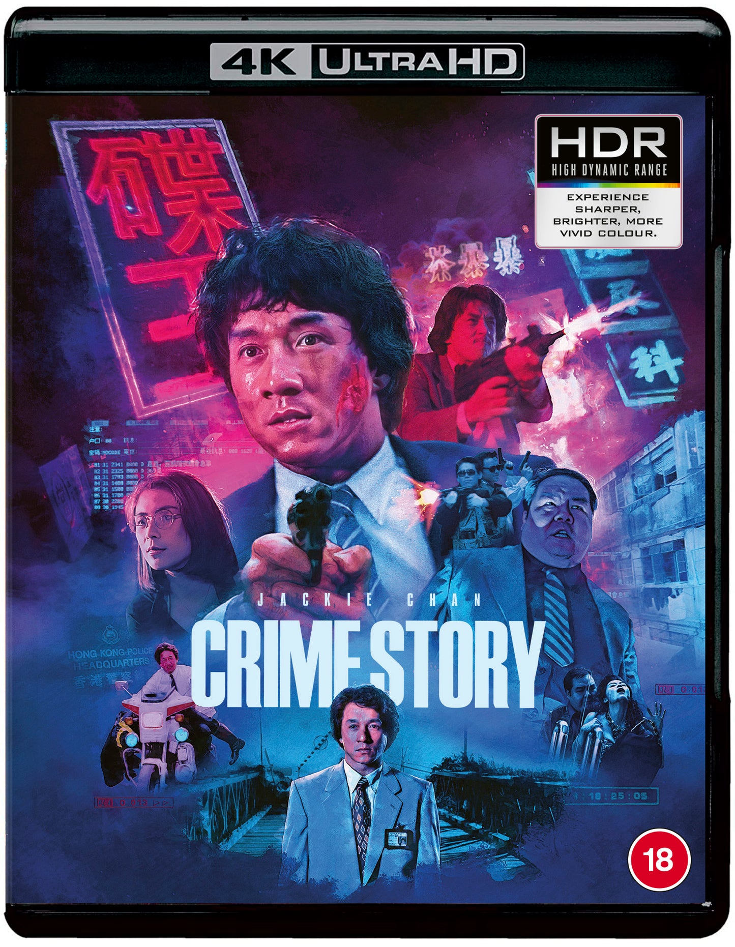“Crime Story” 4K UHD Blu-ray cover featuring Jackie Chan in a neon-lit city.
