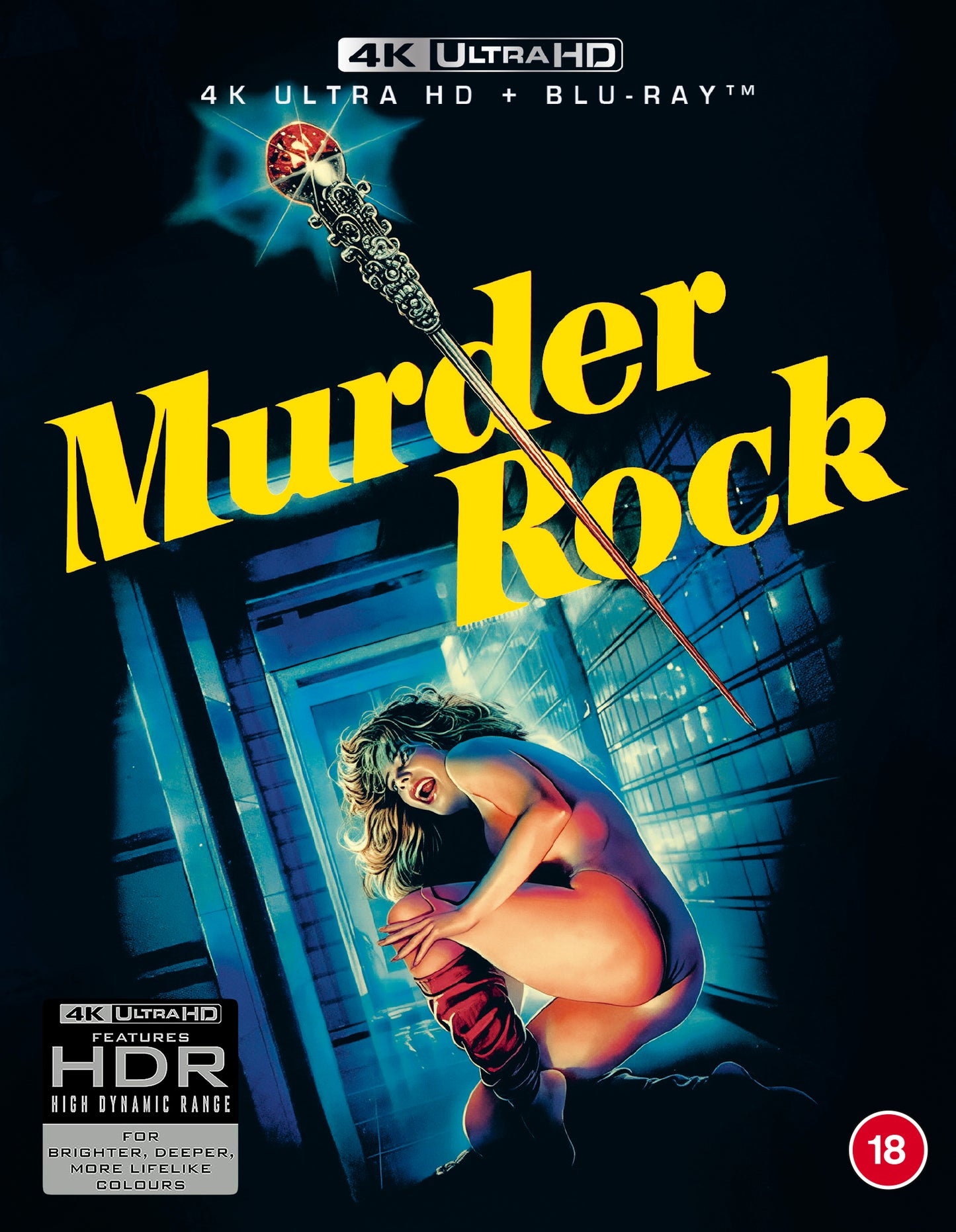 “Murder Rock” Blu-ray cover with a woman being pulled into a glowing portal.
