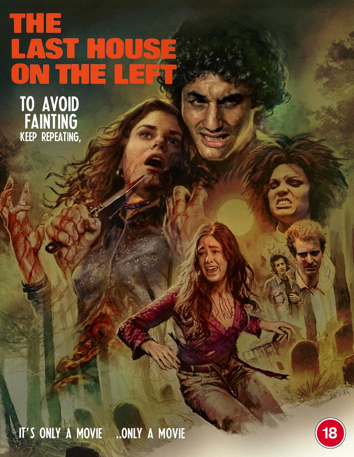 Horror movie cover featuring distressed people and a menacing figure with a knife.