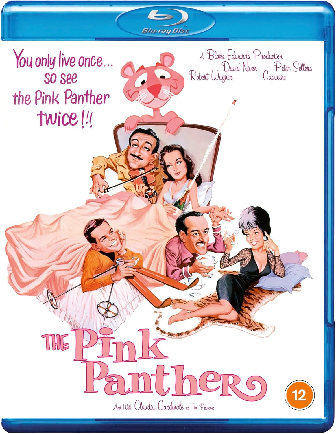 “The Pink Panther” Blu-ray cover featuring cartoon panther and film cast.