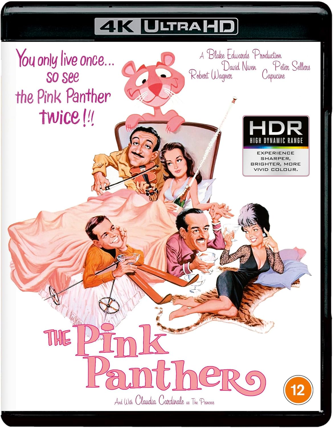 “The Pink Panther” movie cover with cartoon panther and cast illustration.